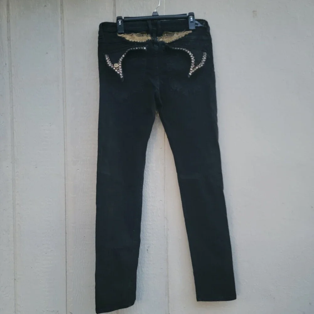 Robins jeans black embroidered wing with embellished flap pockets Mens sz 36